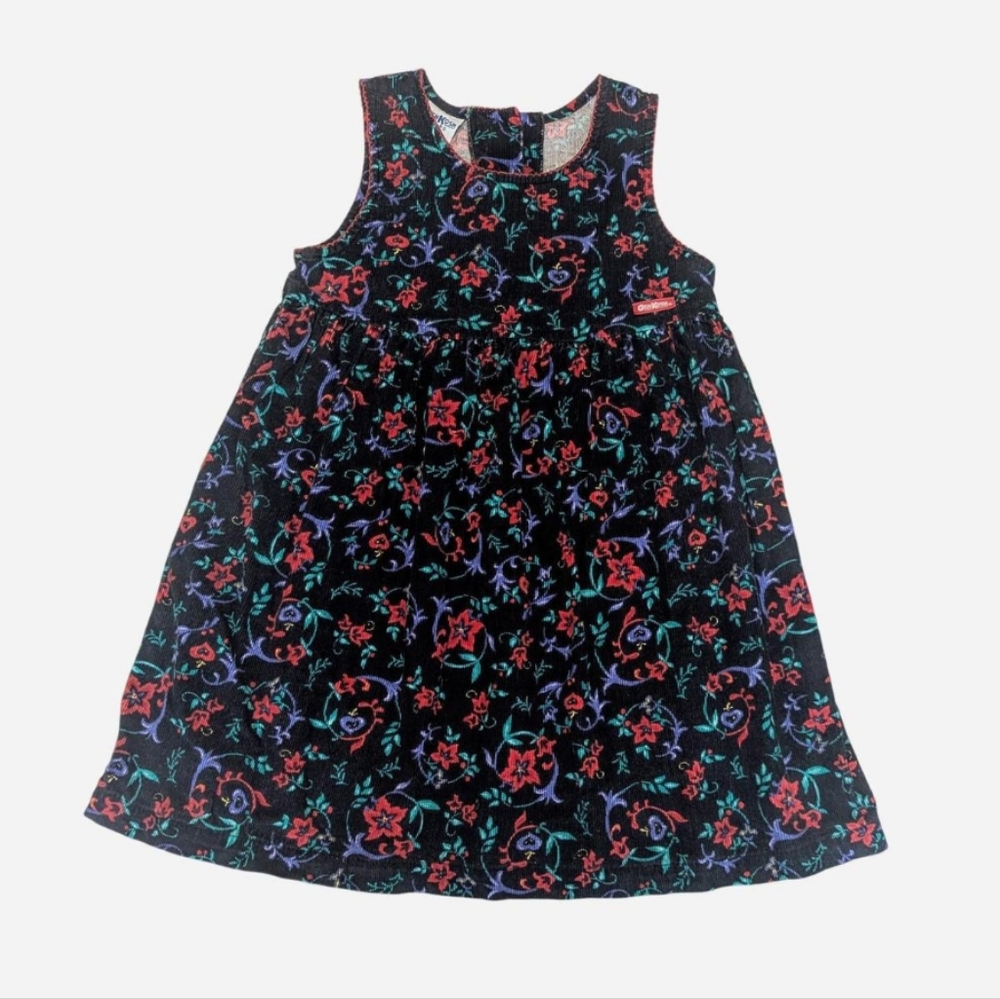 Vintage OshKosh Bgosh Dress Jumper Corduroy Floral Blue Red Green Girls 5 USA